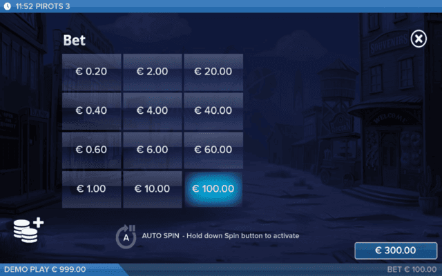 Pirots 3 Bet Selection Screen